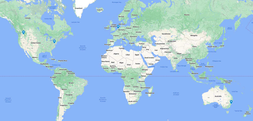 Map of PTRDNS global network with servers in North America, Europe and Australia