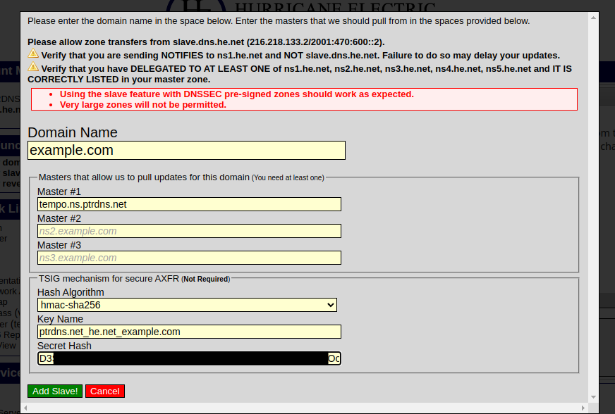 Creating the secondary zone at he.net