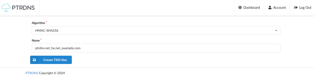 PTRDNS form to create a new TSIG key