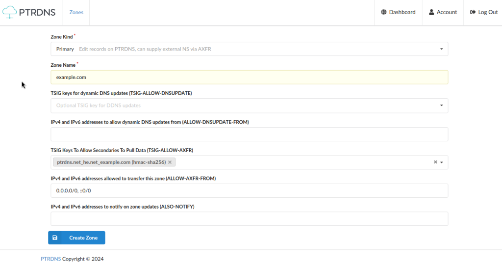 PTRDNS zone creation form