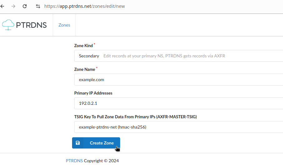 Creation form for the secondary zone example.com